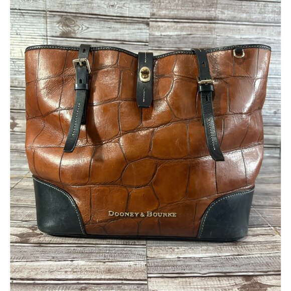 Dooney Bourke Dover Croc Embossed Leather Tote Bag Brown Black - Picture 2 of 10
